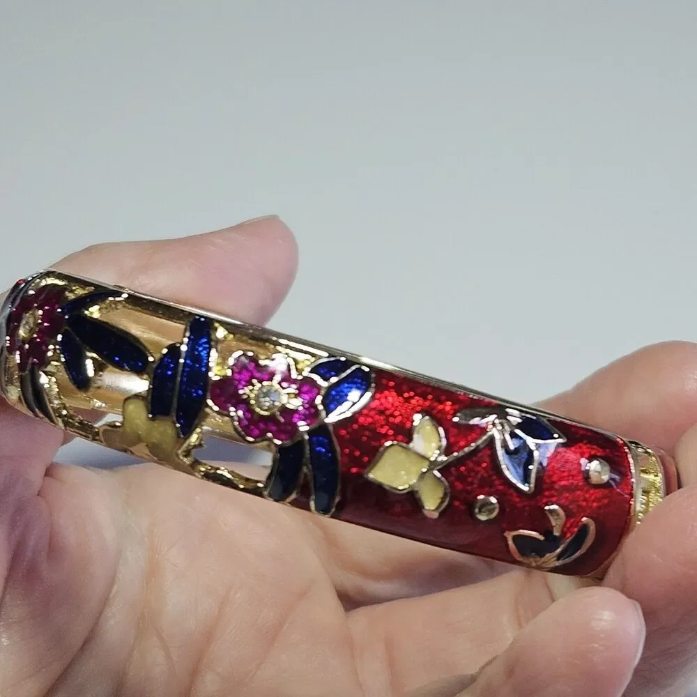 *Sale* Jiu Long Xing Gold Tone Red Blue Cloisonne Flower Hinged Bracelet 7.5" - Picture 2 of 14